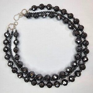 Faceted Black Hematite Sterling Silver Multi Strand Chocker Necklace, 17”